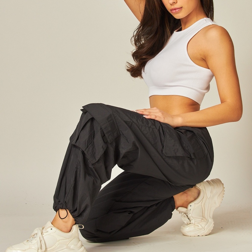 Black Wide Leg Cargo Parachute Pants